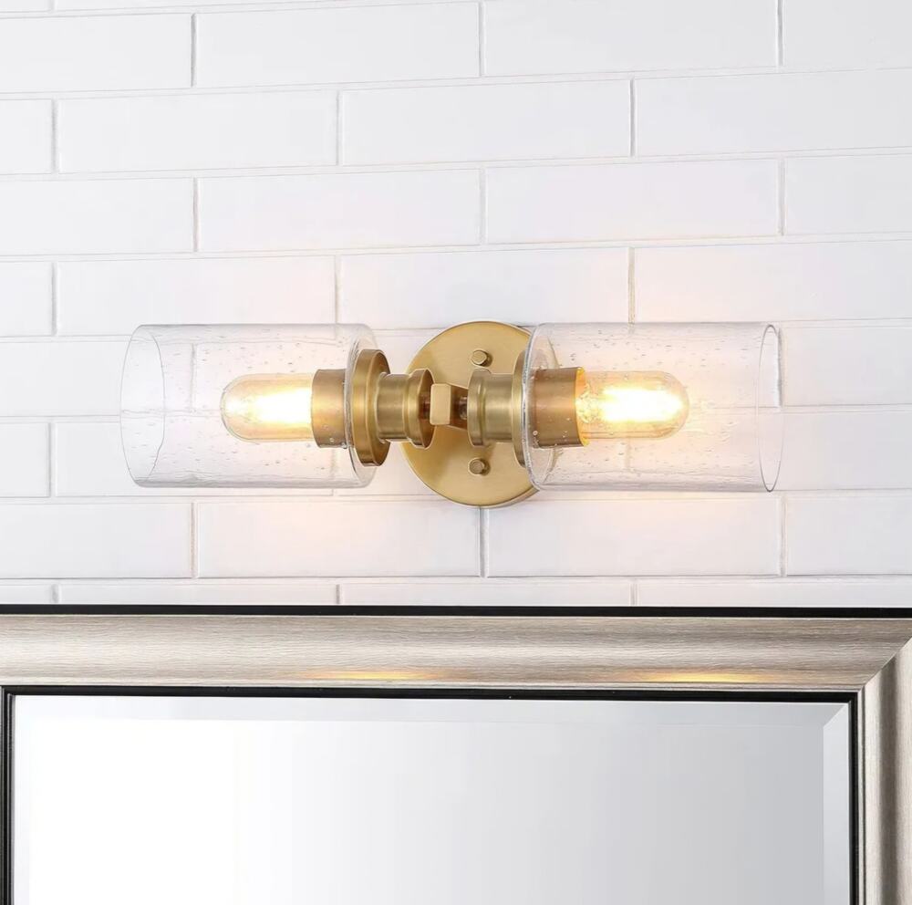 Modern Boho 2-Light Brass Gold Seeded Glass Wall Vanity Fixture LED